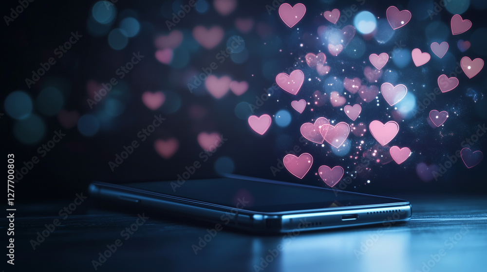 Digital Love Connection: A sleek mobile phone radiates a shower of hearts, illuminating the dark space, creating an atmosphere of romance and virtual affection. Digital Love Connection: A sleek mobile phone radiates a shower of hearts, illuminating the dark space, creating an atmosphere of romance and virtual affection.