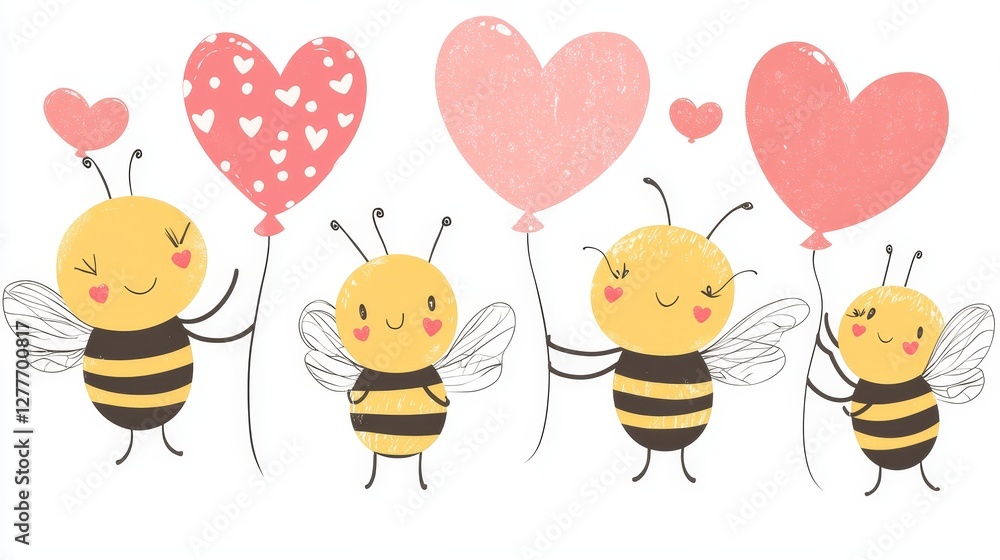 Obraz premium Assorted bee illustrations in a Valentine's theme, featuring cute bees holding heart-shaped balloons, cut out on an isolated white background