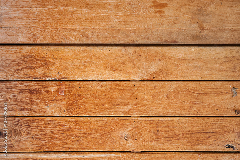 Close-up of wood texture with horizontal planks with a natural warm brown tone and grain, knots and rustic appearance. Close-up of wood texture with horizontal planks with a natural warm brown tone and grain, knots and rustic appearance.
