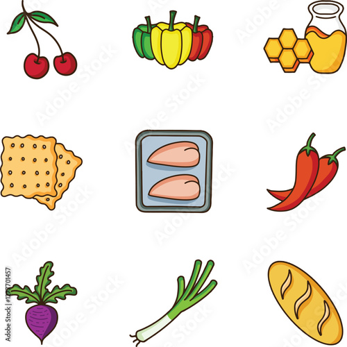 healthy food icons consist of bell pepper, cherry, honey, cracker, chicken breast, chili, beetroot, spring onion and r with outline style.