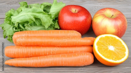 Fresh Juicy Carrots, Apples, and Orange Slices on Wooden Table