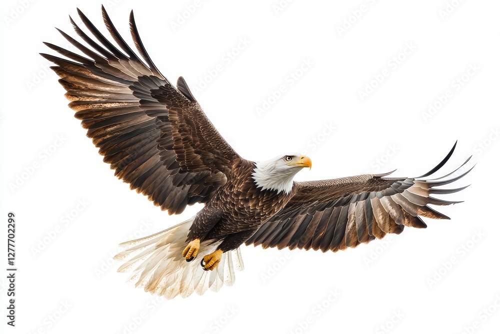 Obraz premium Majestic Bald Eagle in Flight - A stunning bald eagle soars gracefully against a pristine white background, wings fully outstretched. Its powerful presence is captivating
