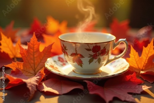 Aromatic Autumnal Beverage in Delicate Porcelain Teacup Surrounded by Vibrant Fall Foliage