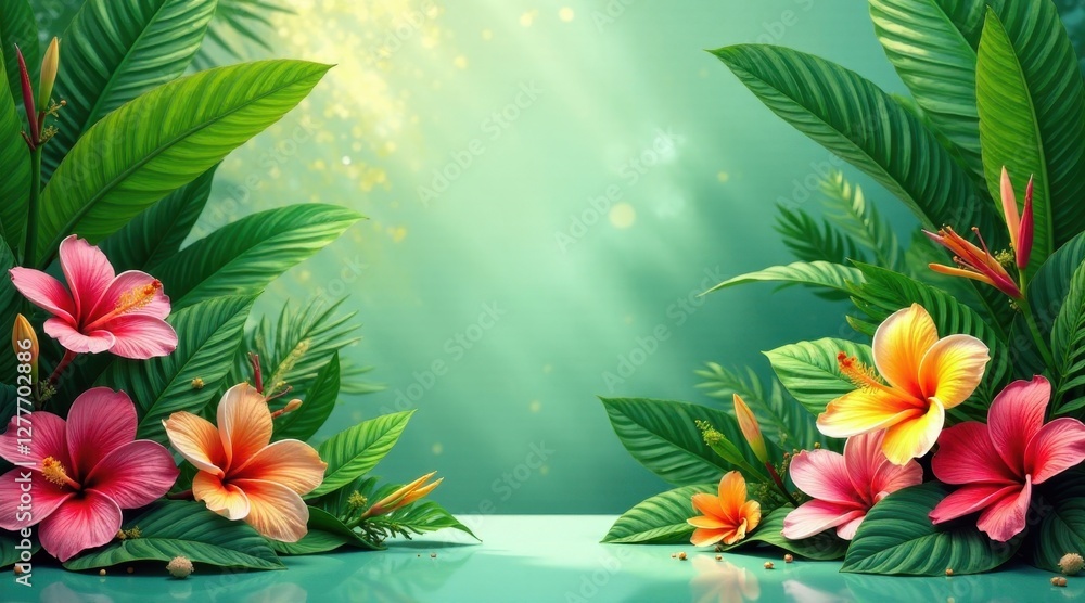 Fototapeta premium Vibrant Hibiscus and Tropical Foliage Arranged Symmetrically on a Teal Surface, Creating a Luxurious and Serene Botanical Display