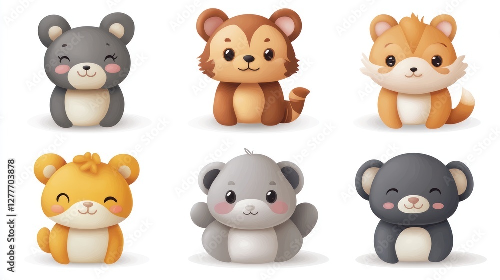 Cute cartoon animals, various species, adorable, sitting, illustration, digital art, collection, childlike, whimsical, stylized. Cute cartoon animals, various species, adorable, sitting, illustration, digital art, collection, childlike, whimsical, stylized.