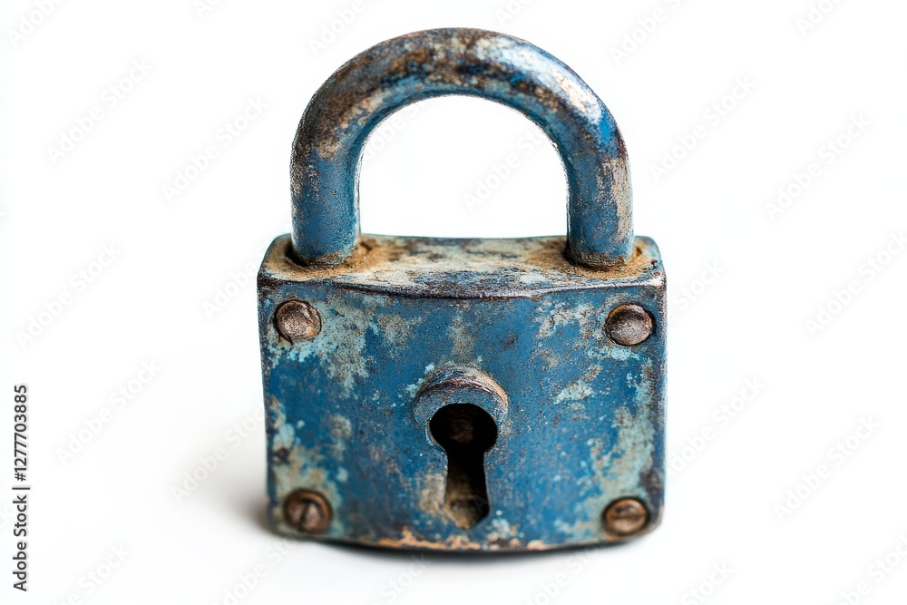 Old Blue Padlock on White - Weathered blue padlock isolated on white background, showing age and wear Old Blue Padlock on White - Weathered blue padlock isolated on white background, showing age and wear