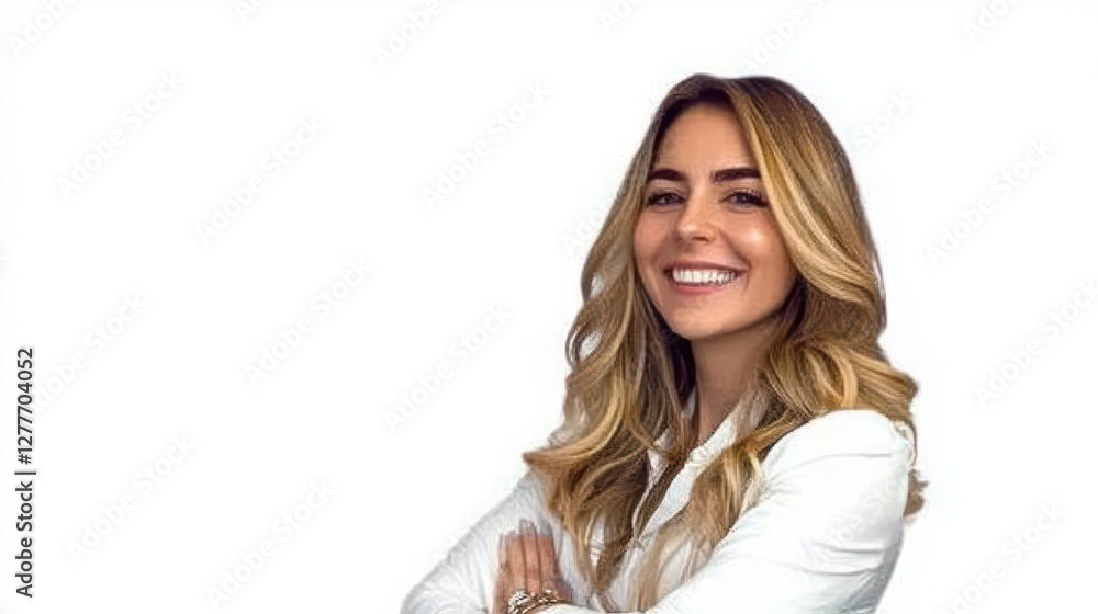 Smiling brunette businesswoman with long hair looking cheerful
