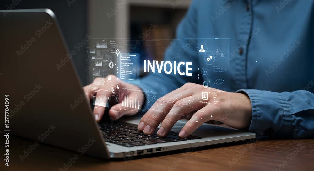 E-Invoice and online digital statements concept. Businessman working with invoice, financial technology,, financial icons, billing, payment processing, scheduling, tax management, modern e-invoicing, E-Invoice and online digital statements concept. Businessman working with invoice, financial technology,, financial icons, billing, payment processing, scheduling, tax management, modern e-invoicing,