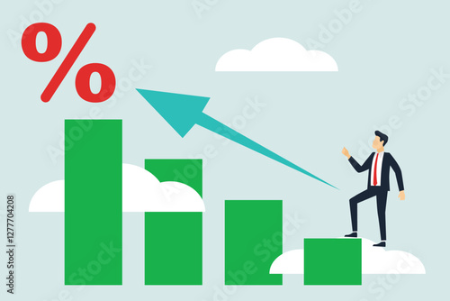 Interest rate, tax or VAT increase, loan and mortgage rate upward trend, investment profit or dividend rising up concept, businessman banker, FED or government put upward arrow on percentage symbol