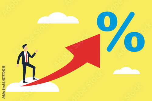 Interest rate, tax or VAT increase, loan and mortgage rate upward trend, investment profit or dividend rising up concept, businessman banker, FED or government put upward arrow on percentage symbol