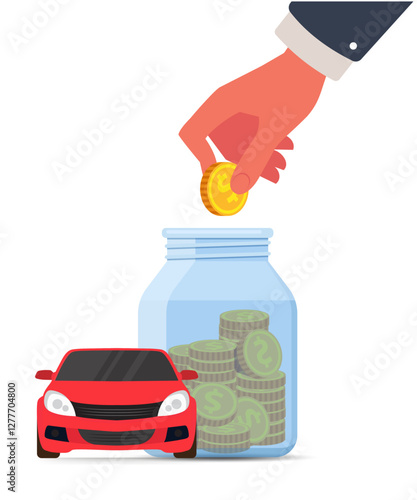 Hand drops a coin into a jar to save for a red car - saving concept.