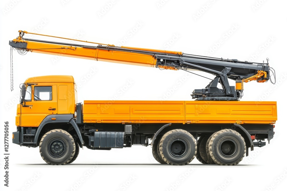 Orange Truck Crane Isolated on White Background - Heavy duty crane truck, isolated on white. Symbolizing construction, logistics, heavy lifting, transport, and industry Orange Truck Crane Isolated on White Background - Heavy duty crane truck, isolated on white. Symbolizing construction, logistics, heavy lifting, transport, and industry