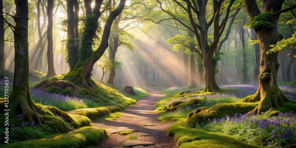 Obraz premium Sunlit Path Through a Mystical Forest, Adorned with Blooming Flowers and Moss-Covered Trees, Creating an Enchanting Scene