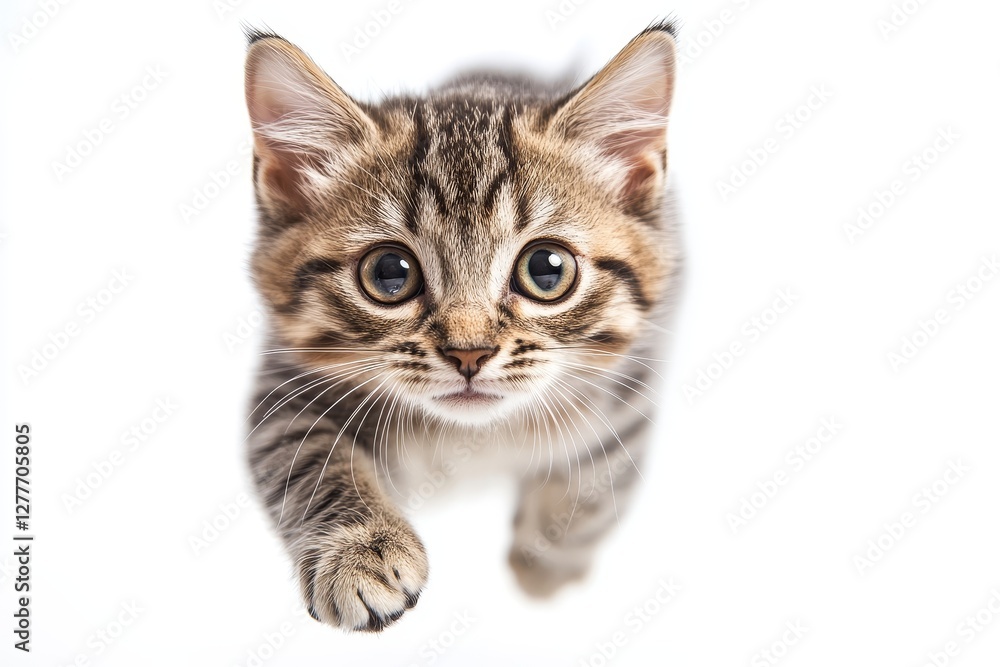 Fototapeta premium Playful Kitten Jumping on White - Adorable tabby kitten pouncing, playful energy, curious gaze, charming feline, white background. Symbolizes: playfulness, curiosity, youth, energy, and companionship