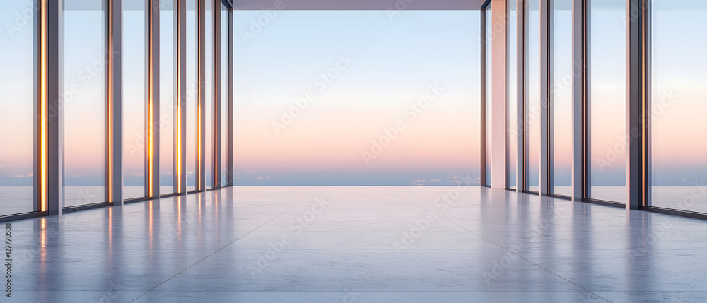 Fototapeta premium Modern Interior with Panoramic View and Sunrise