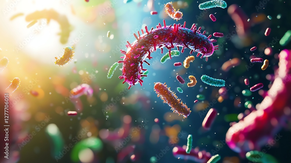 A close-up view of colorful bacteria and microbes illuminated by light, showcasing the intricate details of microscopic life. A close-up view of colorful bacteria and microbes illuminated by light, showcasing the intricate details of microscopic life.