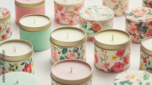 Assorted soy wax candles in vintage-style tins with floral patterns, Valentine's special edition, clean cut-out on a white backdrop