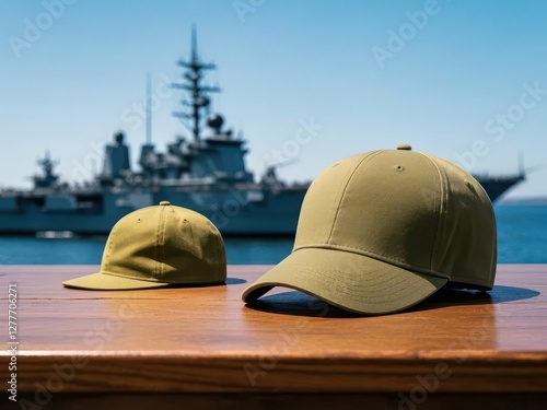 Army Green Hat Mockup with Navy Ship Background photo