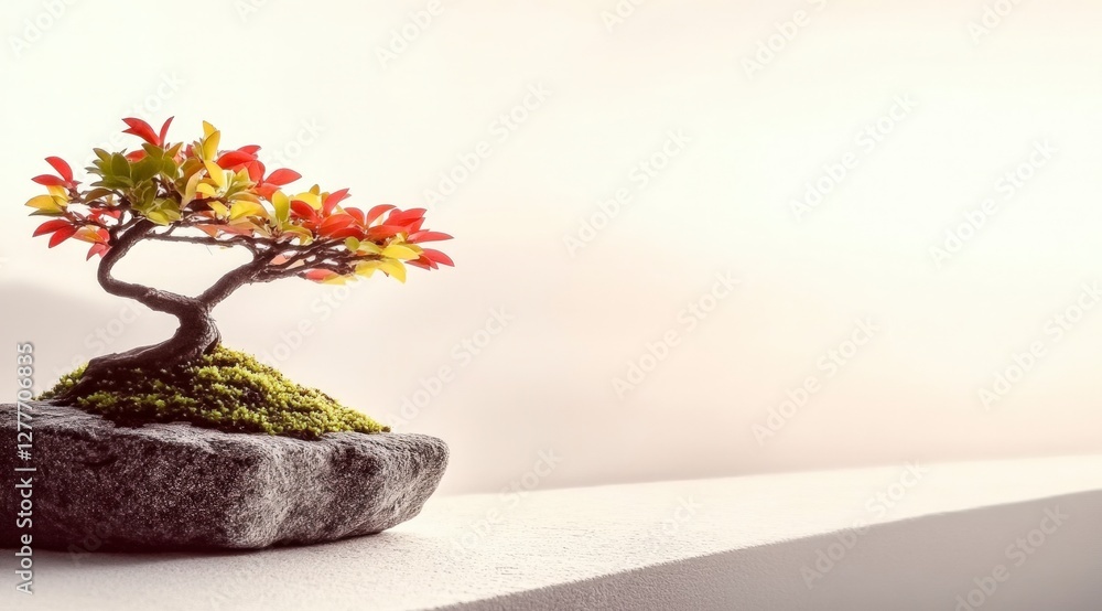 Serene Bonsai Tree Zen Garden Minimalist Autumn Leaves Rock Moss Studio Photography Serene Bonsai Tree Zen Garden Minimalist Autumn Leaves Rock Moss Studio Photography