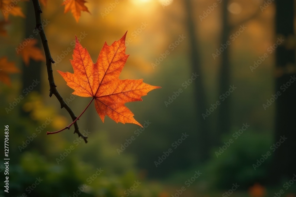 A Single Autumn Leaf Illuminated by the Golden Hour Sunlight in a Tranquil Forest Setting A Single Autumn Leaf Illuminated by the Golden Hour Sunlight in a Tranquil Forest Setting