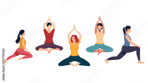 Set of six tranquil women doing yoga in different posture. Colored flat illustration isolated on white background vector