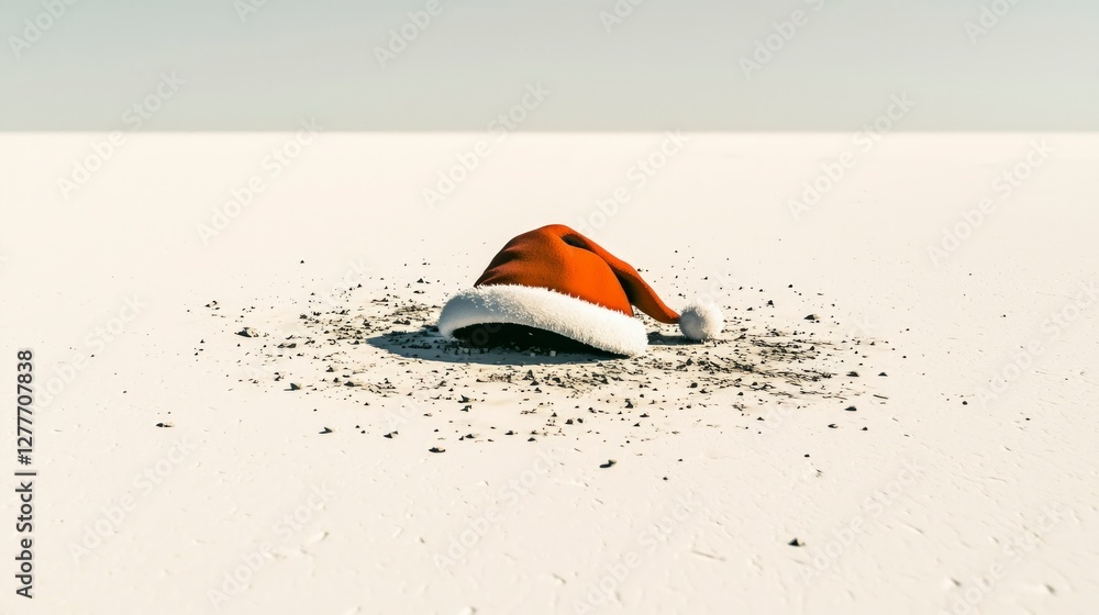 Lost Santa Hat on White Sand Festive Holiday Concept Lost Santa Hat on White Sand Festive Holiday Concept