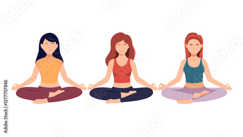 Set of six tranquil women doing yoga in different posture. Colored flat illustration isolated on white background vector