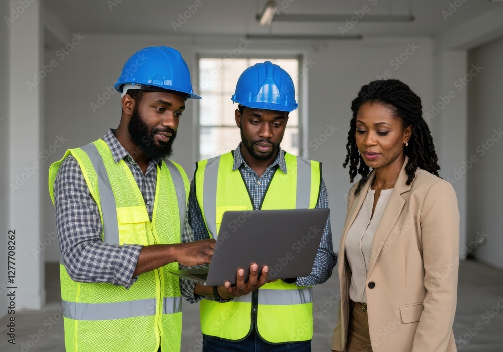 Two workers wearing safety helmets smiling in an industrial warehouse Two workers wearing safety helmets smiling in an industrial warehouse
