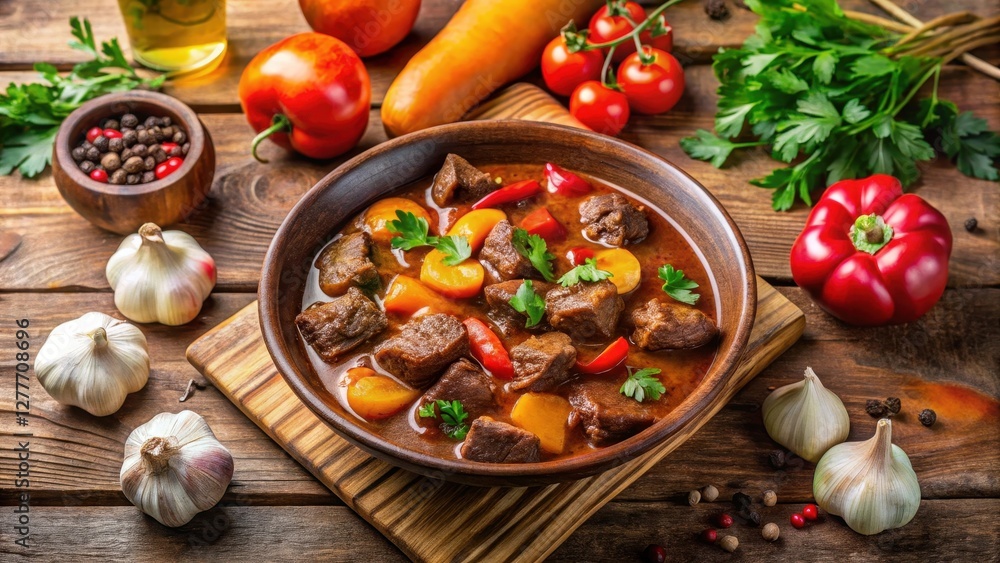 Savory Beef Stew with Root Vegetables and Aromatic Herbs in Rustic Bowl Savory Beef Stew with Root Vegetables and Aromatic Herbs in Rustic Bowl
