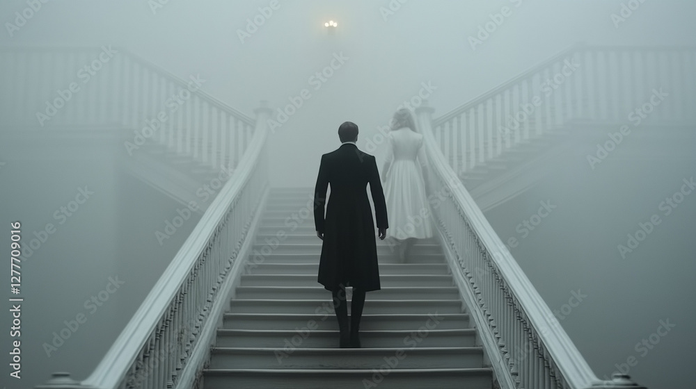 Mystery in the Mist: A person in a coat ascends a grand staircase shrouded in dense fog, evoking a sense of foreboding and suspense, with another person following behind. Mystery in the Mist: A person in a coat ascends a grand staircase shrouded in dense fog, evoking a sense of foreboding and suspense, with another person following behind.