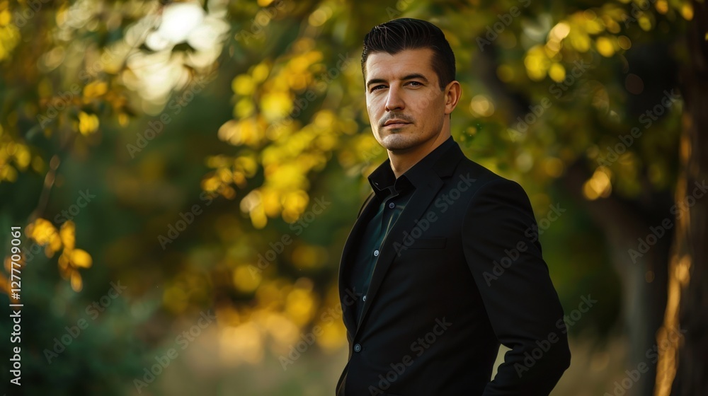 A dynamic capture of man in black suit outdoor portrait, with natural lighting and a sharp pose, A dynamic capture of man in black suit outdoor portrait, with natural lighting and a sharp pose,