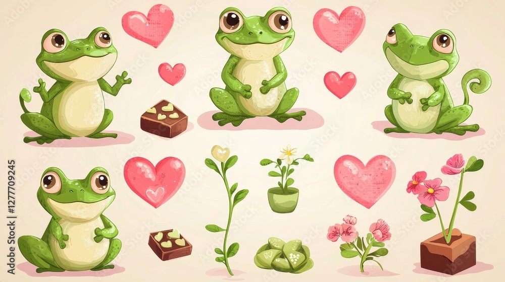 Obraz premium Cartoon-style frog prince set featuring various expressions and romantic accessories like heart garlands, chocolates, and flowers