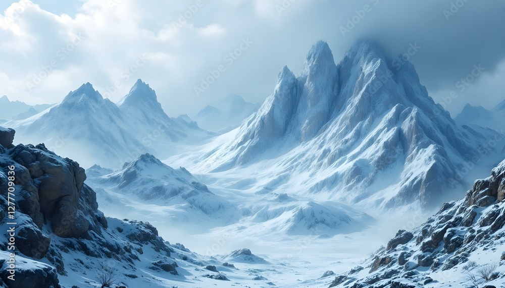 Obraz premium Snowy Mountain Range Landscape Winter Scene Digital Art