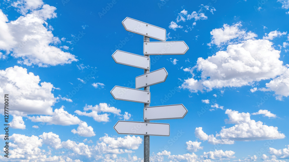 conceptual image of blank road signs against blue sky with clouds, symbolizing choices and directions. empty signs invite imagination and creativity conceptual image of blank road signs against blue sky with clouds, symbolizing choices and directions. empty signs invite imagination and creativity