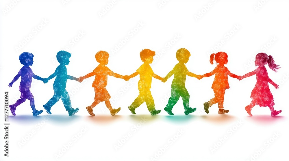 Rainbow Children Holding Hands, Walking Together in Unity Rainbow Children Holding Hands, Walking Together in Unity