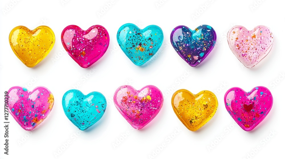 Fototapeta premium Collection of colorful candy hearts featuring neon-inspired shades and bold Valentine's text, isolated cleanly on a white background