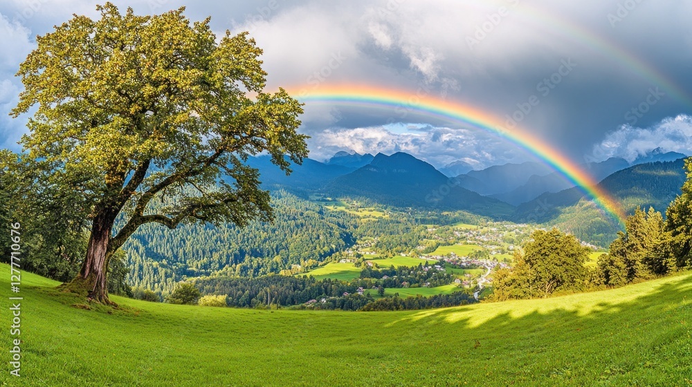 Naklejka premium Majestic Rainbow Arching Over Alpine Valley