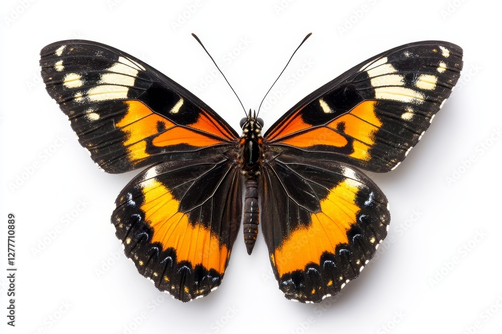 Obraz premium Striking Black Orange Butterfly - Vibrant butterfly on white, symbolizing nature, transformation, beauty, freedom, and fragility. A perfect for nature and design projects