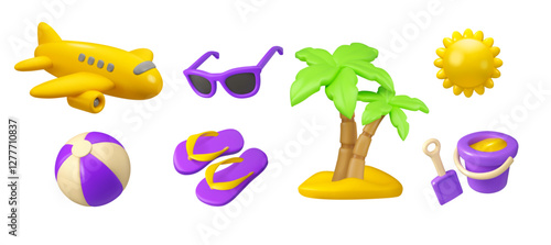Summer vacation vector 3d icon set. Cartoon sea beach elements render isolated on white background. Airplane, flip flops, inflatable ball, sunglasses, sand island with palm trees and sun