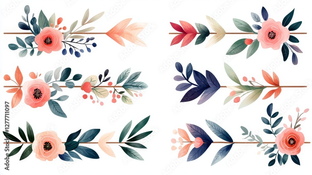 Collection of hand-drawn romantic arrows in various shapes, featuring delicate floral patterns and soft pastel colors, cut out, white background Collection of hand-drawn romantic arrows in various shapes, featuring delicate floral patterns and soft pastel colors, cut out, white background