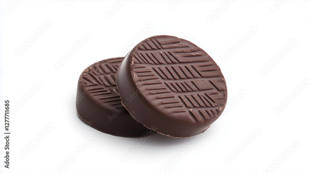 Exquisite Chocolate Disks: Two meticulously crafted chocolate disks, their surfaces adorned with intricate patterns, invite indulgence. These treats exude a sense of quality and delectable temptation. Exquisite Chocolate Disks: Two meticulously crafted chocolate disks, their surfaces adorned with intricate patterns, invite indulgence. These treats exude a sense of quality and delectable temptation.