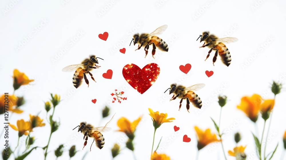 Collection of tiny bees buzzing around glowing heart-shaped flowers, carrying Valentine gifts, cut out cleanly on white Collection of tiny bees buzzing around glowing heart-shaped flowers, carrying Valentine gifts, cut out cleanly on white