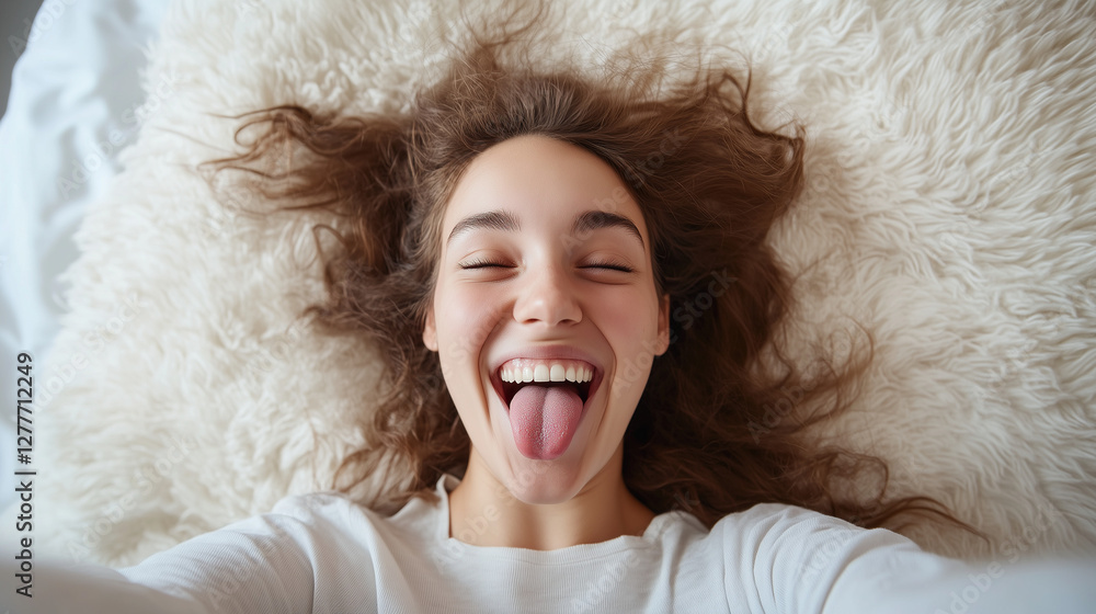 Joyful Selfie: A young woman, radiating pure joy, captures a playful selfie with her tongue out, embodying the carefree spirit of youth and modern self-expression. Joyful Selfie: A young woman, radiating pure joy, captures a playful selfie with her tongue out, embodying the carefree spirit of youth and modern self-expression.