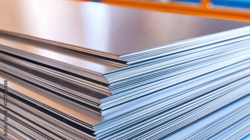 A stack of metal sheets showcasing a smooth, metallic finish, arranged neatly in a workshop environment, highlighting industrial materials. A stack of metal sheets showcasing a smooth, metallic finish, arranged neatly in a workshop environment, highlighting industrial materials.
