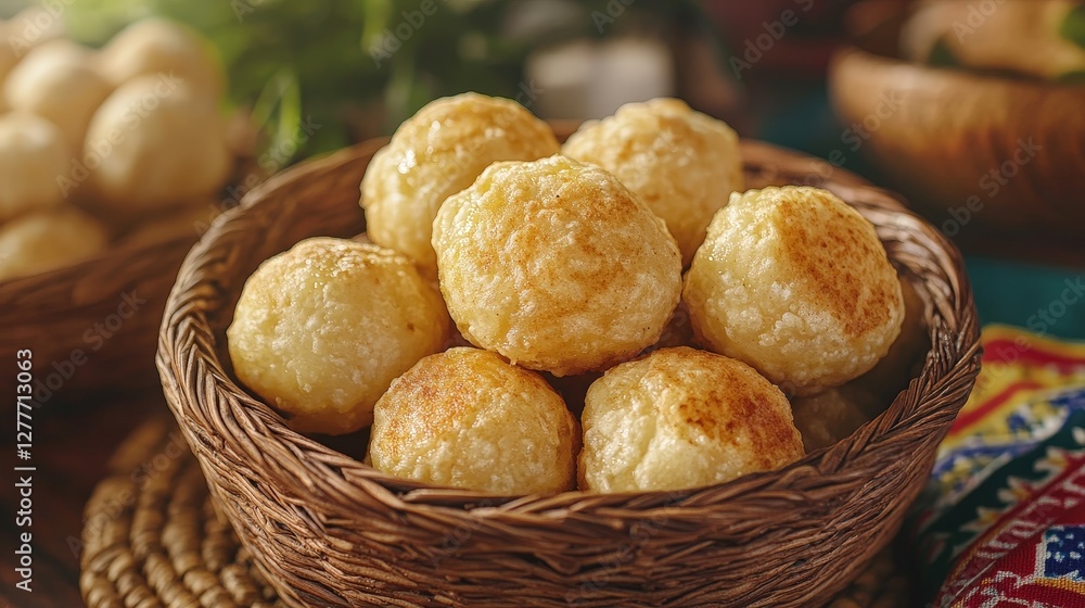 A woven basket filled with golden, round fried snacks, showcasing a traditional food presentation. A woven basket filled with golden, round fried snacks, showcasing a traditional food presentation.