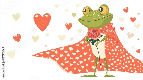 Cute cartoon-style frog prince holding a rose, heart-patterned cape flowing behind him, playful and colorful, perfect for Valentine's cards
