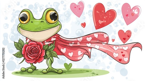 Cute cartoon-style frog prince holding a rose, heart-patterned cape flowing behind him, playful and colorful, perfect for Valentine's cards
