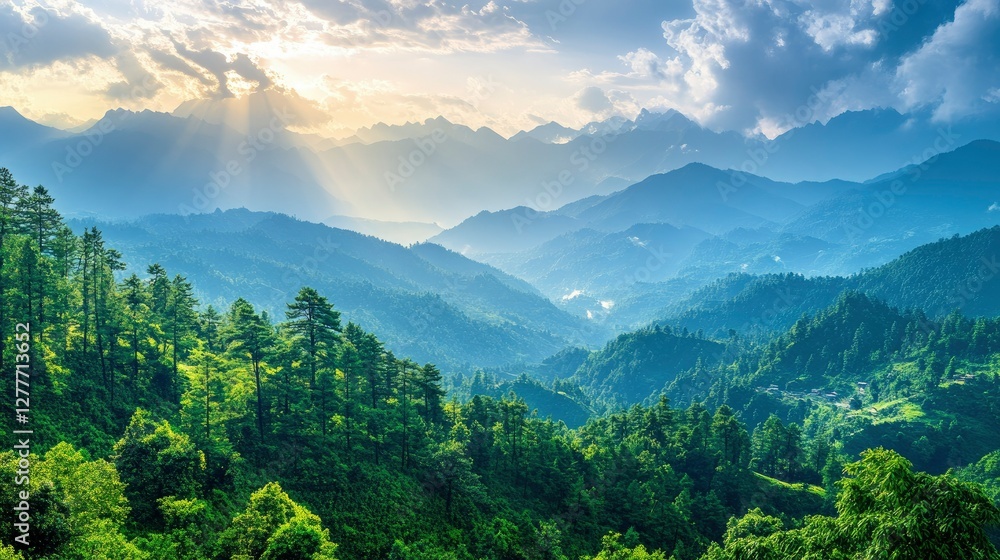 Fototapeta premium Majestic Mountain Landscape at Sunset with Sun Rays