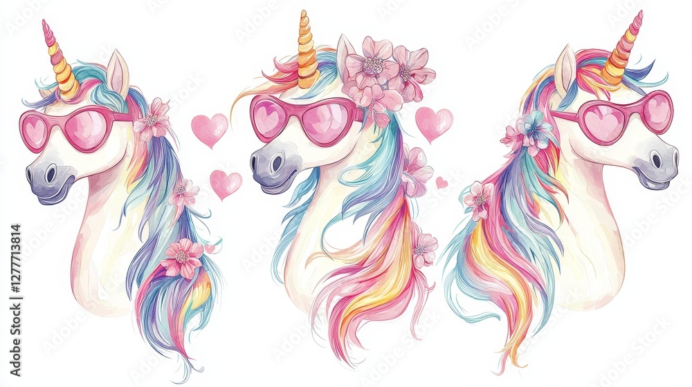 Obraz premium Cute unicorns with flowing rainbow manes and tails, wearing heart-shaped sunglasses and adorned with pink flowers, cartoon style, isolated on white