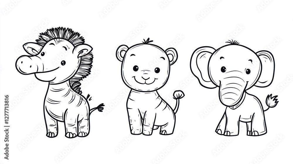 Cute cartoon animals, zebra, lion, and elephant, outlined in black ink on white background. Cute cartoon animals, zebra, lion, and elephant, outlined in black ink on white background.